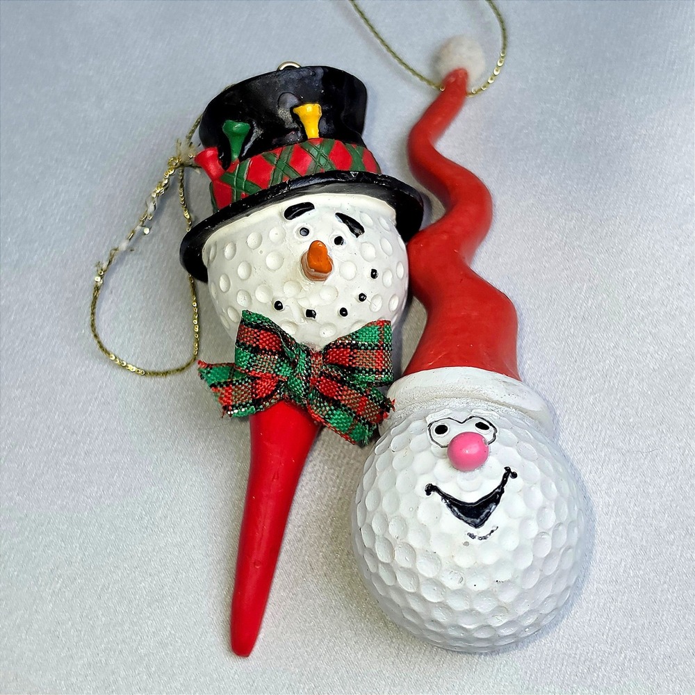 Vintage Midwest of Cannon Golf Ball Snowman & Santa Hat Christmas Ornaments Set
